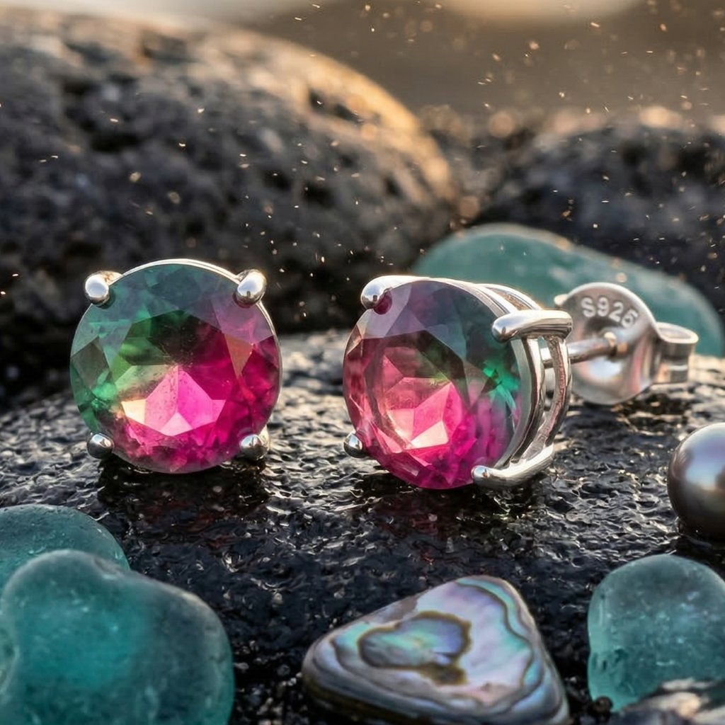 Sterling Silver Tourmaline Crystal Round Stud Earrings Minimalist Everyday Wear